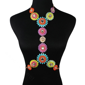 Alloy Rhinestone Flower Pendant Gem Necklace Bikini Beach Dress Decro Body Chain Jewelry - Coloured