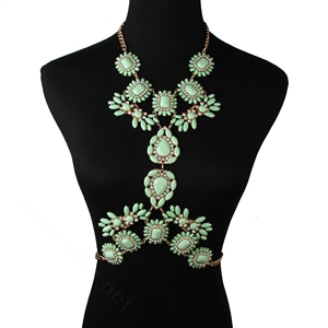 Alloy Rhinestone Flower Pendant Gem Necklace Bikini Beach Dress Decro Body Chain Jewelry - Green
