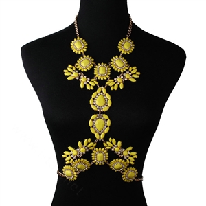Alloy Rhinestone Flower Pendant Gem Necklace Bikini Beach Dress Decro Body Chain Jewelry - Yellow