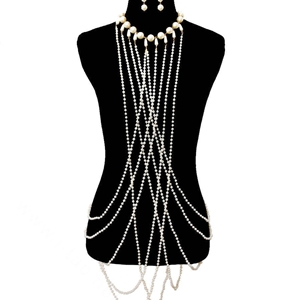 Bling Beaded Pearls Belly Waist Body Chain Dinner Party Long Pendant Necklace Jewelry - White
