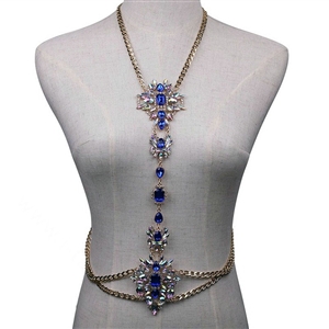 Bling Rhinestone Crystal Body Chain Bikini Beach Party Swimsuit Necklace Jewelry - Blue