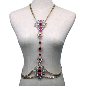 Bling Rhinestone Crystal Body Chain Bikini Beach Party Swimsuit Necklace Jewelry - Rose