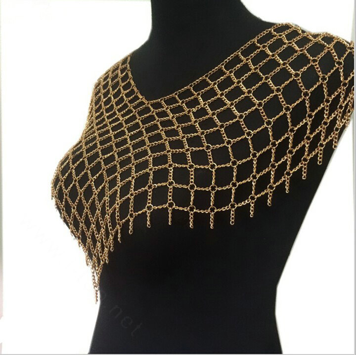 Calssic Alloy Mesh Shawl Shoulder Necklace Showgirl Body Chains Jewelry - Gold