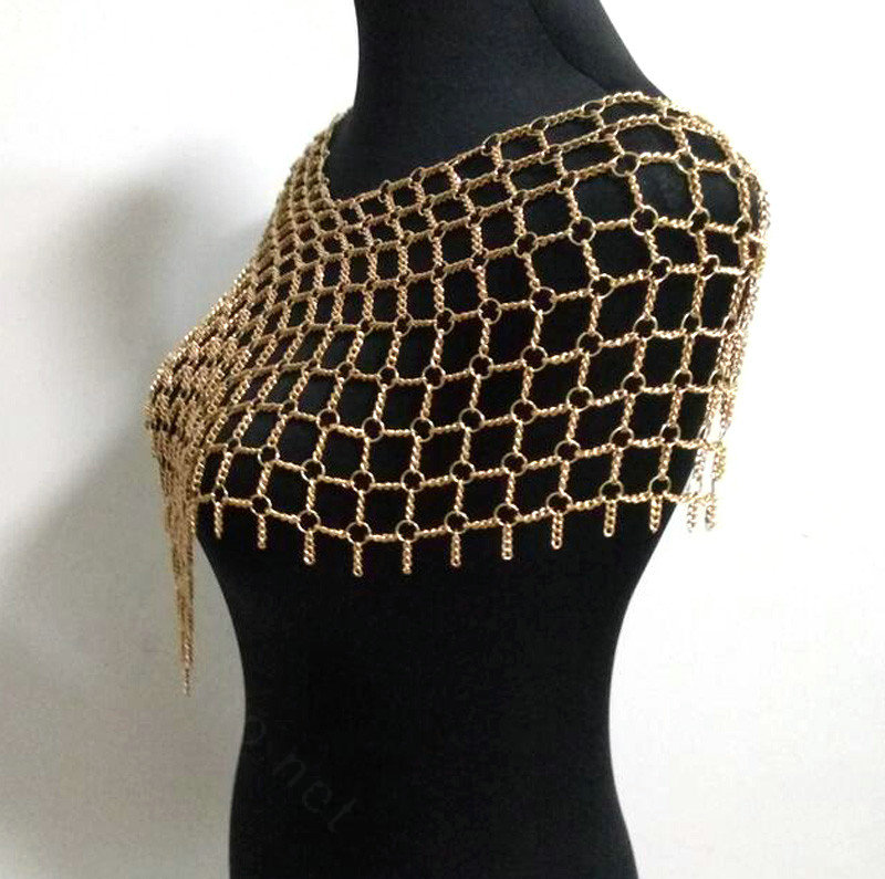 Calssic Alloy Mesh Shawl Shoulder Necklace Showgirl Body Chains Jewelry - Gold