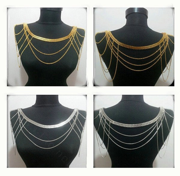 Calssic Alloy Shoulder Necklace Multilayer Tassels Body Chains Punk Jewelry - Gold