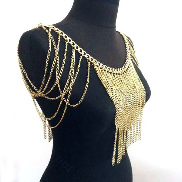 Calssic Alloy Shoulder Necklace Showgirl Multi layer Heavy Tassel Body Chains Jewelry - Sliver