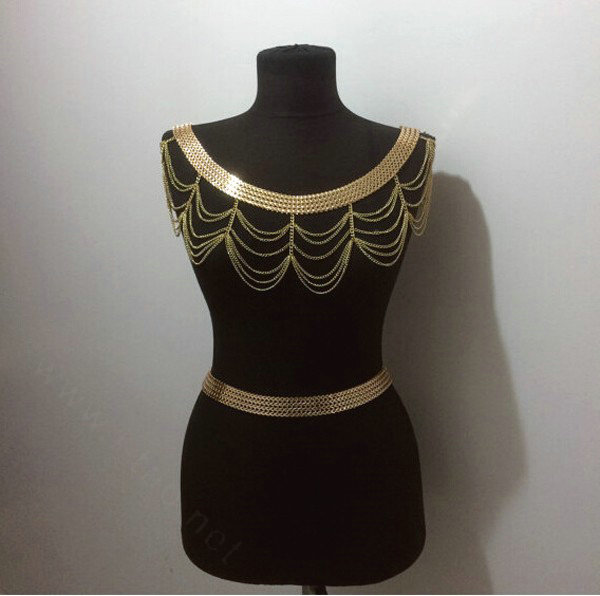 Calssic Alloy Shoulder Necklace Showgirl Multi layer Wave Tassel Body Chains Jewelry - Gold