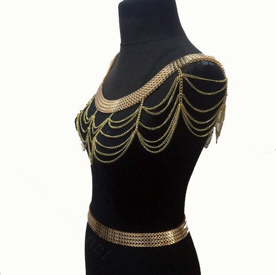 Calssic Alloy Shoulder Necklace Showgirl Multi layer Wave Tassel Body Chains Jewelry - Gold