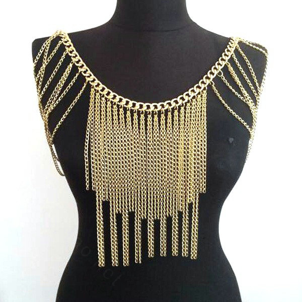 Calssic Alloy Shoulder Necklace Showgirl Tassels Belly Waist Body Chains Jewelry - Gold