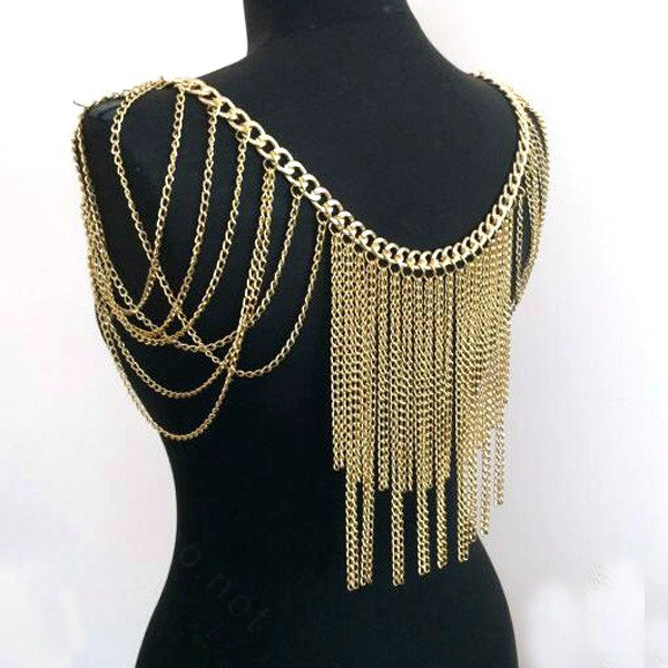 Calssic Alloy Shoulder Necklace Showgirl Tassels Belly Waist Body Chains Jewelry - Gold