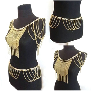 Calssic Alloy Shoulder Necklace Showgirl Tassels Belly Waist Body Chains Jewelry - Gold