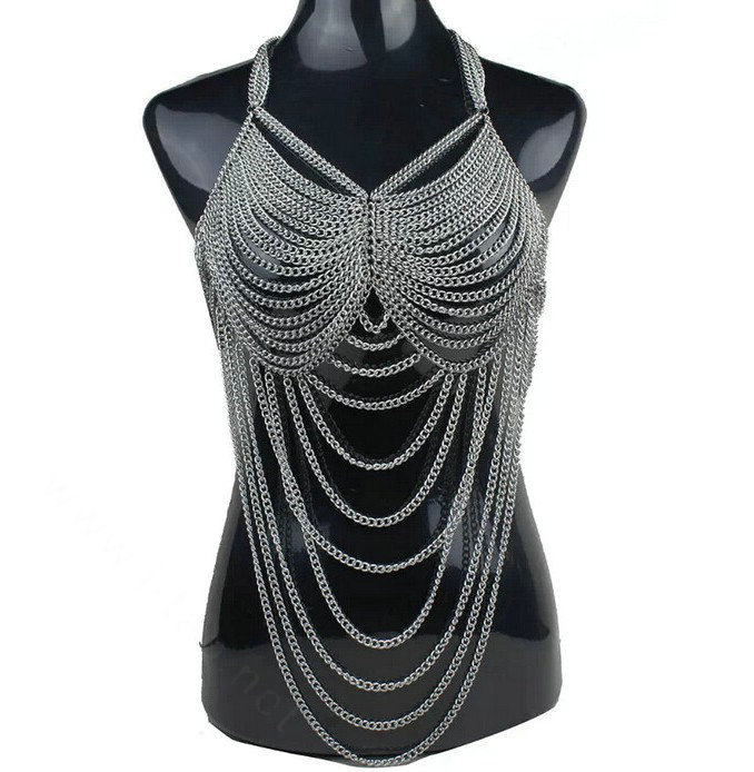 Calssic Belly Waist Body Chain Halter Bra Lingerie Dress Decor Necklace Jewelry - Sliver