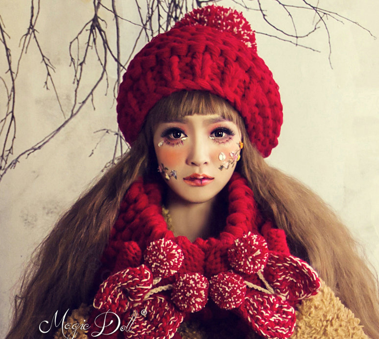 Calssic Fur Pom Poms Knitted Wool Hats Women Winter Warm Beanies Caps - Red