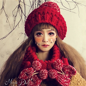 Calssic Fur Pom Poms Knitted Wool Hats Women Winter Warm Beanies Caps - Red