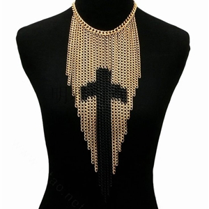 Calssic Metal Tassel Cross Chunky Bib Necklace Punk Dress Decor Jewelry - Gold