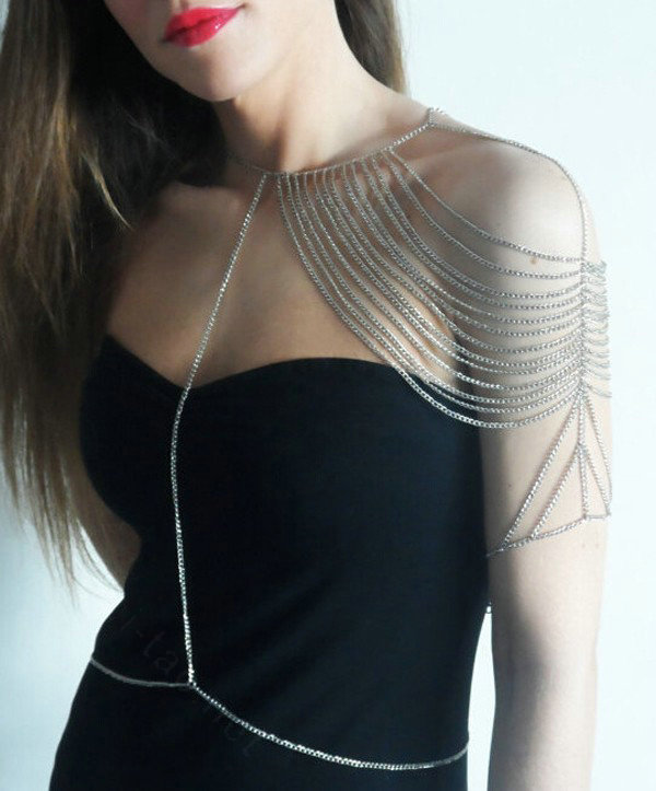 Calssic Multilayer Tassel Shoulder Necklace Showgirl Body Chains Jewelry - Sliver