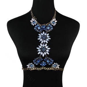 Calssic Rhinestone Flower Collar Pendant Necklace Dress Decro Body Chains Jewelry - Blue