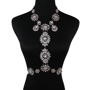 Calssic Rhinestone Flower Collar Pendant Necklace Dress Decro Body Chains Jewelry - White
