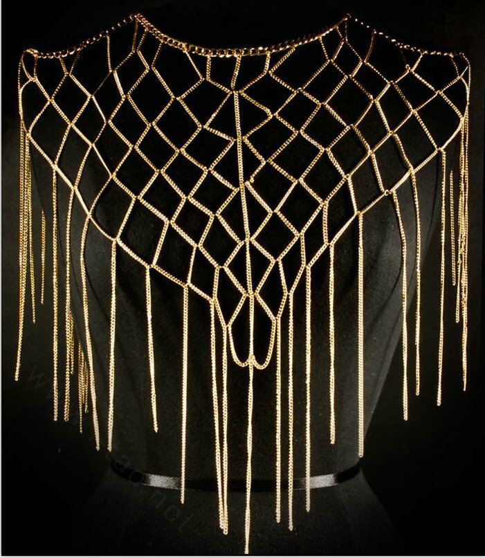 Calssic Tassel Mesh Shawl Shoulder Necklace Showgirl Body Chains Jewelry - Gun black