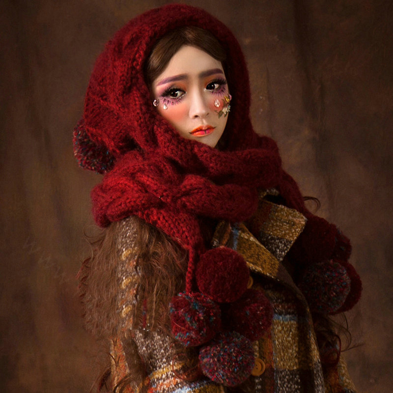 Calssic Twist Knitted Wool Caps Women Winter Long Fur Ball Bib Hooded Scarf Hats - Dark Red