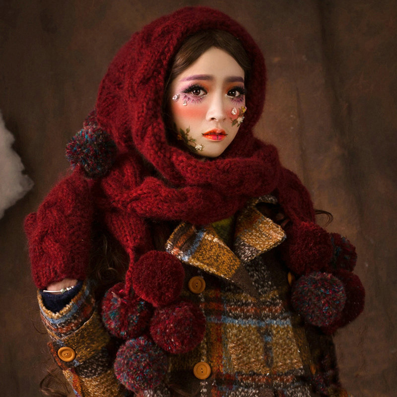 Calssic Twist Knitted Wool Caps Women Winter Long Fur Ball Bib Hooded Scarf Hats - Dark Red