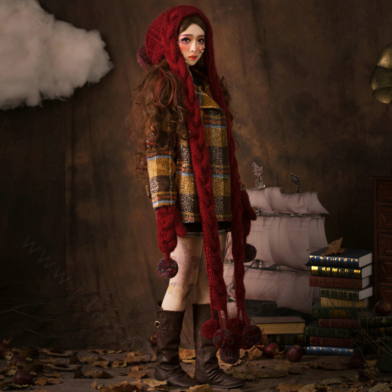 Calssic Twist Knitted Wool Caps Women Winter Long Fur Ball Bib Hooded Scarf Hats - Dark Red