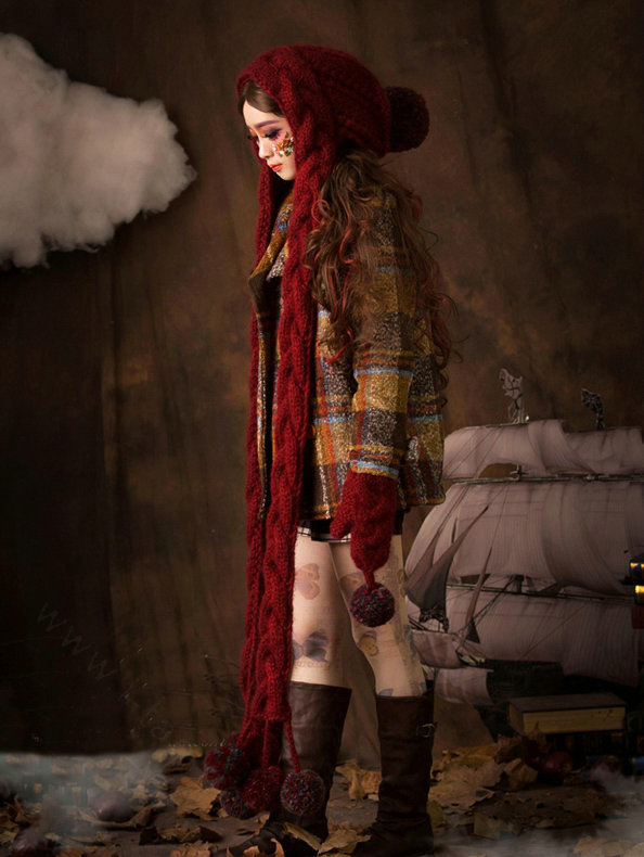 Calssic Twist Knitted Wool Caps Women Winter Long Fur Ball Bib Hooded Scarf Hats - Dark Red