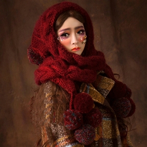 Calssic Twist Knitted Wool Caps Women Winter Long Fur Ball Bib Hooded Scarf Hats - Dark Red