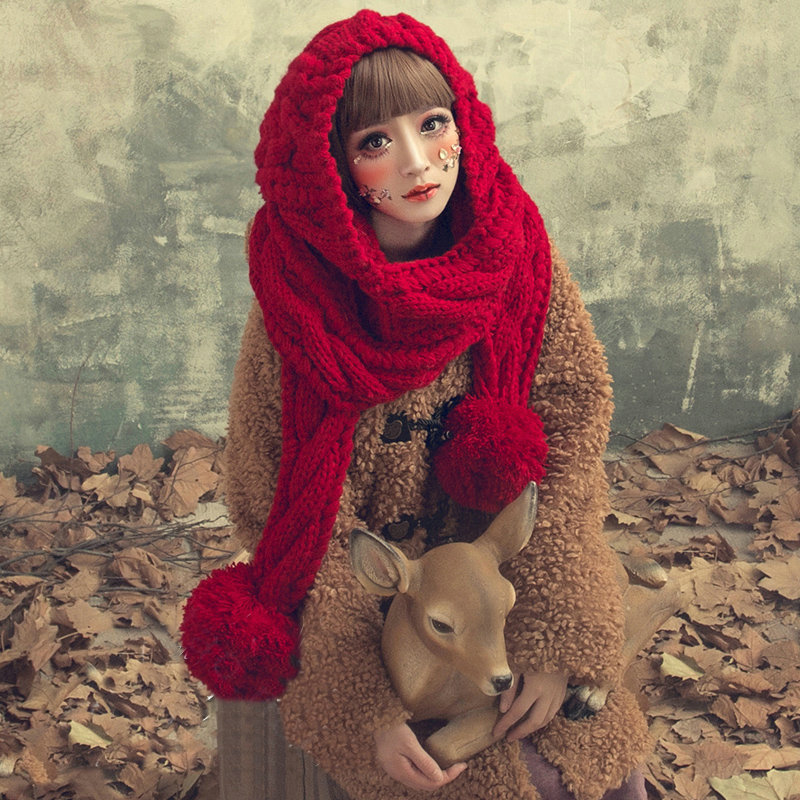 Calssic Twist Knitted Wool Caps Women Winter Long Fur Ball Bib Hooded Scarf Hats - Red