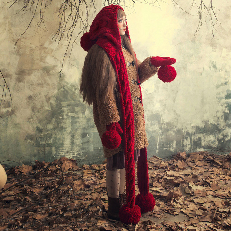 Calssic Twist Knitted Wool Caps Women Winter Long Fur Ball Bib Hooded Scarf Hats - Red