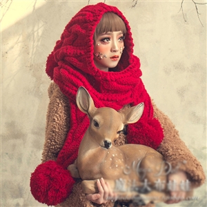 Calssic Twist Knitted Wool Caps Women Winter Long Fur Ball Bib Hooded Scarf Hats - Red