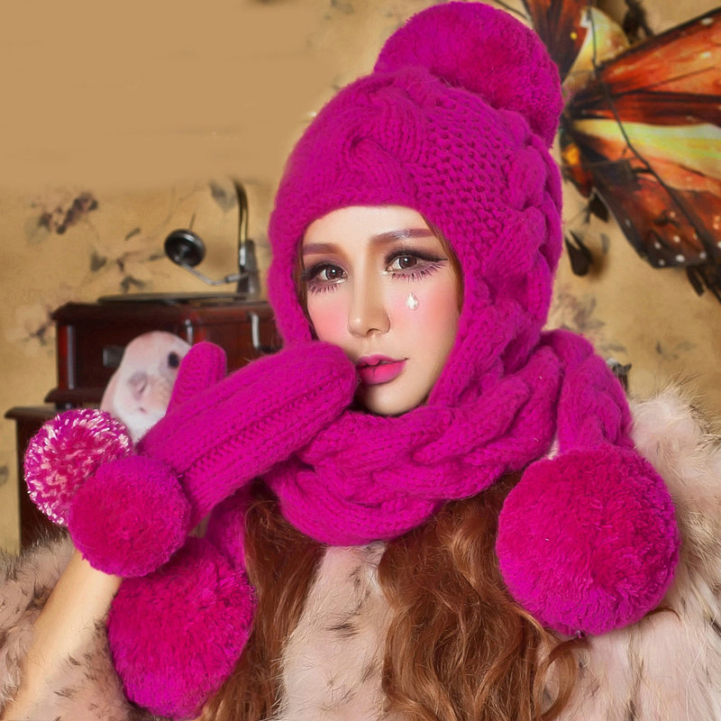 Calssic Twist Knitted Wool Caps Women Winter Warm Long Fur Ball Earmuffs Scarf Hats - Rose
