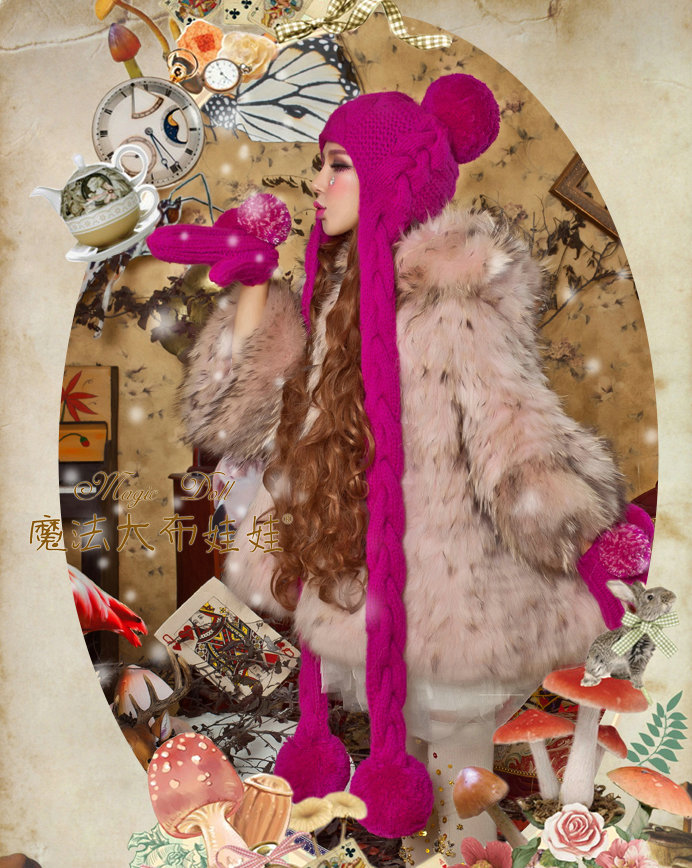 Calssic Twist Knitted Wool Caps Women Winter Warm Long Fur Ball Earmuffs Scarf Hats - Rose