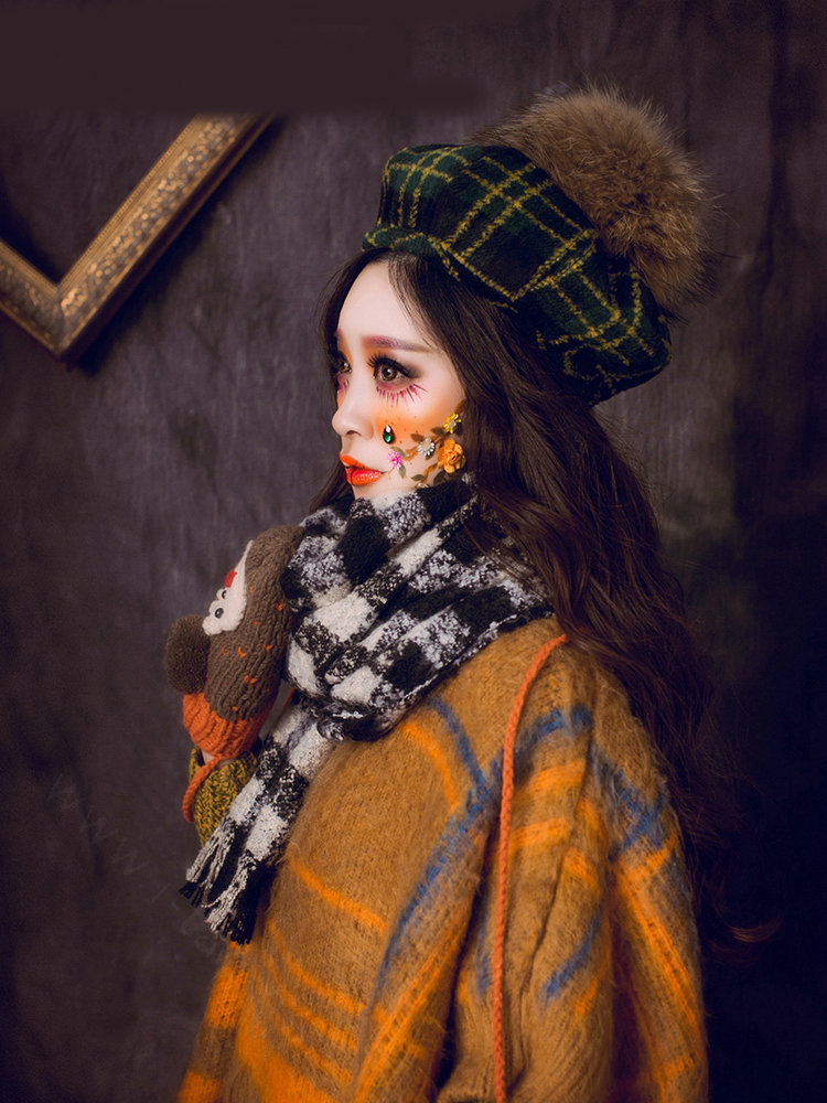 Classic Plaid Fox Fur Ball Wool Cotton Beanies Caps Academy Casual Hats - Green