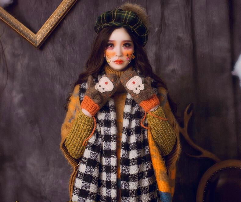 Classic Plaid Fox Fur Ball Wool Cotton Beanies Caps Academy Casual Hats - Green
