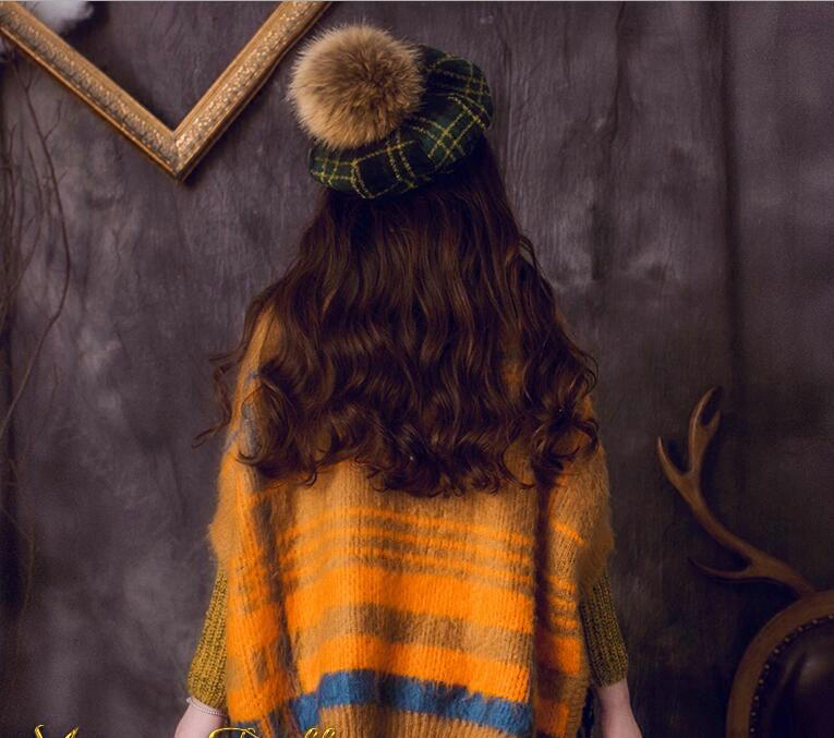Classic Plaid Fox Fur Ball Wool Cotton Beanies Caps Academy Casual Hats - Green