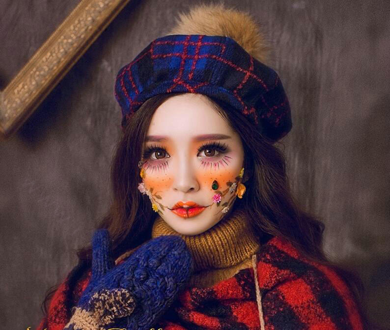 Classic Plaid Fox Fur Ball Wool Cotton Beanies Caps Academy Casual Hats - Red Blue