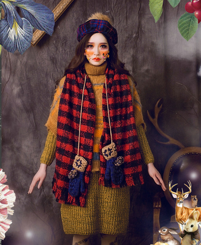 Classic Plaid Fox Fur Ball Wool Cotton Beanies Caps Academy Casual Hats - Red Blue