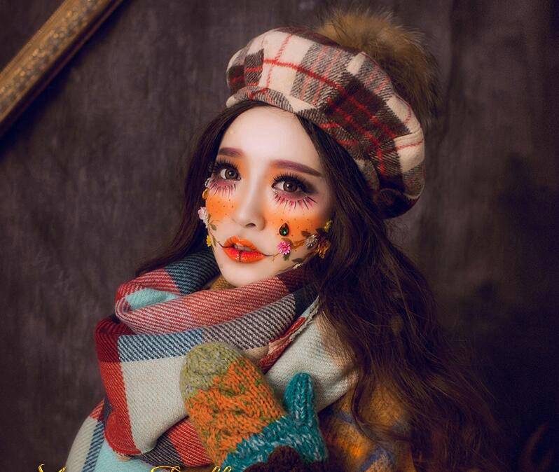 Classic Plaid Fox Fur Ball Wool Cotton Beanies Caps Academy Casual Hats - Red Coffee