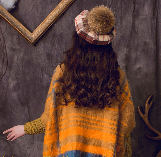 Classic Plaid Fox Fur Ball Wool Cotton Beanies Caps Academy Casual Hats - Red Blue
