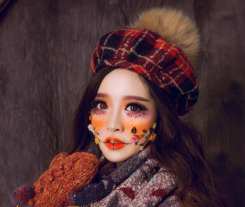 Classic Plaid Fox Fur Ball Wool Cotton Beanies Caps Academy Casual Hats - Red