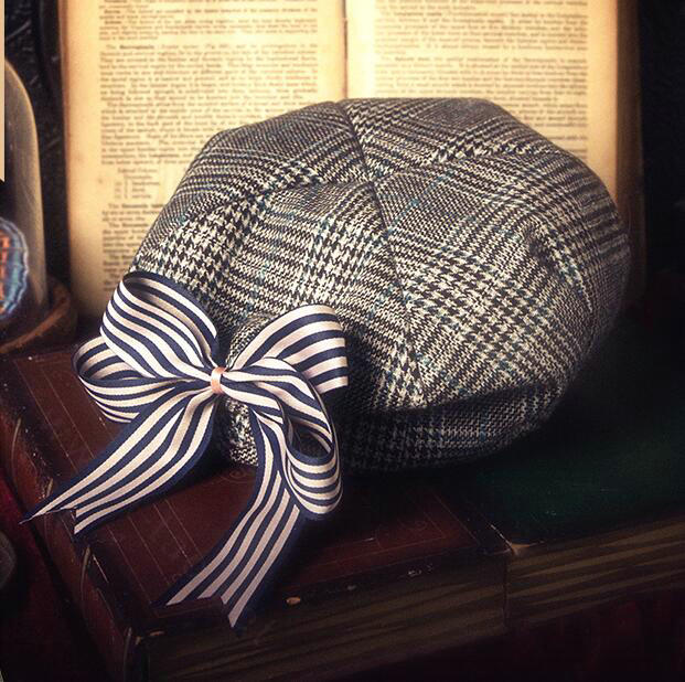Classic Plaid Wool Cotton Beanies Caps Female Bowknot Academy Casual Hats - Blue Coffee