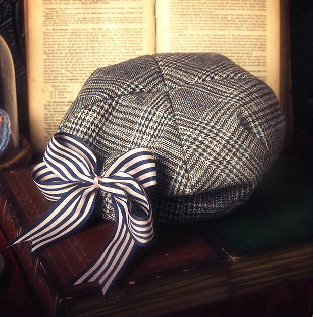 Classic Plaid Wool Cotton Beanies Caps Female Bowknot Academy Casual Hats - Blue Coffee