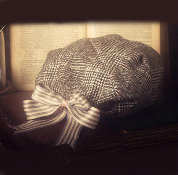 Classic Plaid Wool Cotton Beanies Caps Female Bowknot Academy Casual Hats - Gray Coffee