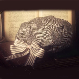 Classic Plaid Wool Cotton Beanies Caps Female Bowknot Academy Casual Hats - Gray Coffee