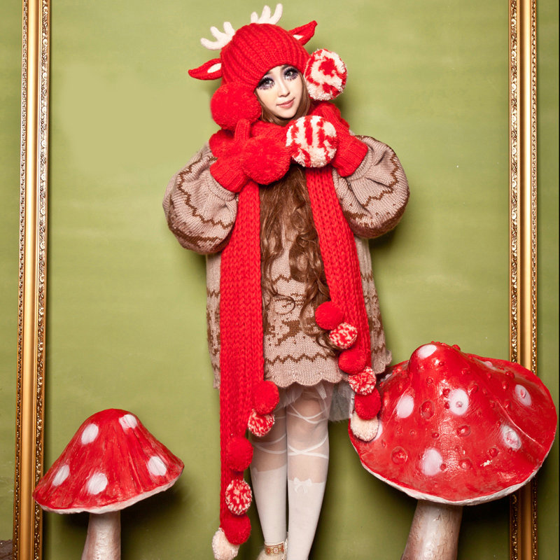Cute Christmas Antlers Knitted Wool Beanies Caps Winter Warm Devil Ears Fur Ball Hats - Red