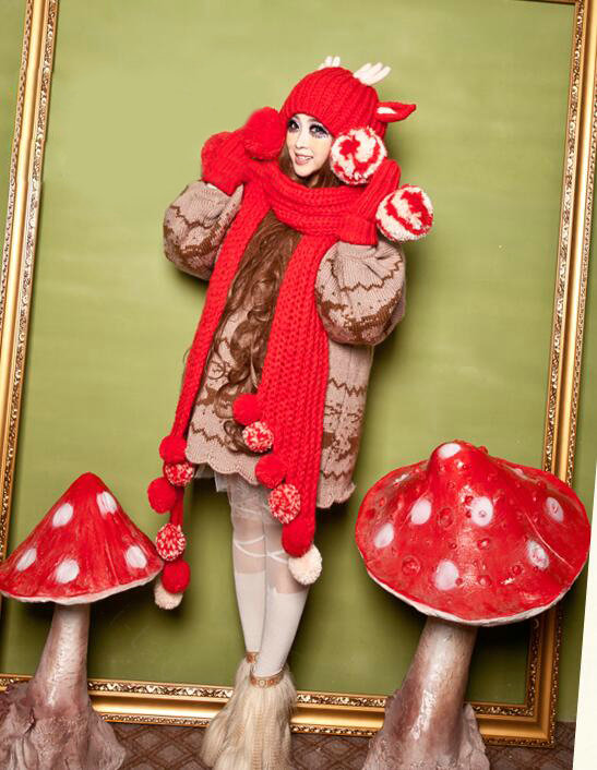 Cute Christmas Antlers Knitted Wool Beanies Caps Winter Warm Devil Ears Fur Ball Hats - Red