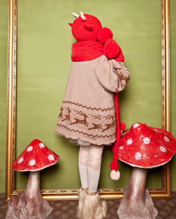 Cute Christmas Antlers Knitted Wool Beanies Caps Winter Warm Devil Ears Fur Ball Hats - Red