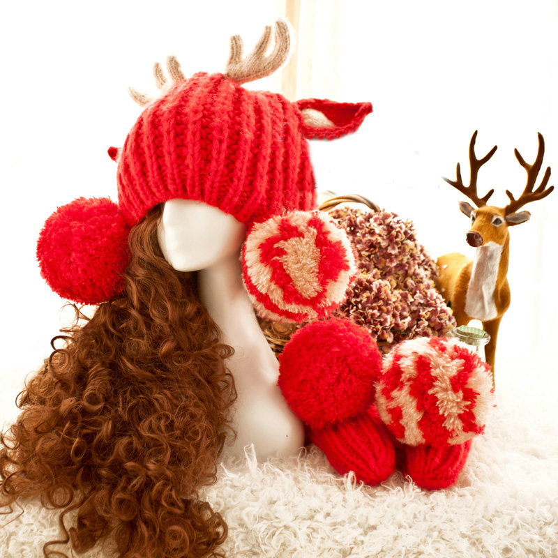 Cute Christmas Antlers Knitted Wool Beanies Caps Winter Warm Devil Ears Fur Ball Hats - Red