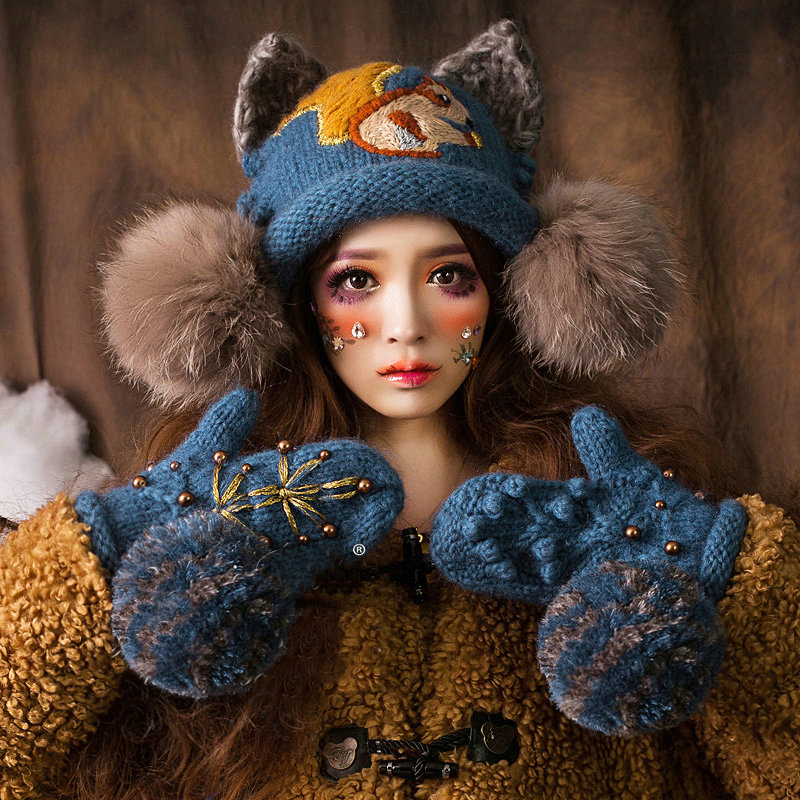 Cute Embroidered Squirrel Wool Beanies Caps Winter Warm Cat Ears Knitted Fur Ball Hats - Blue